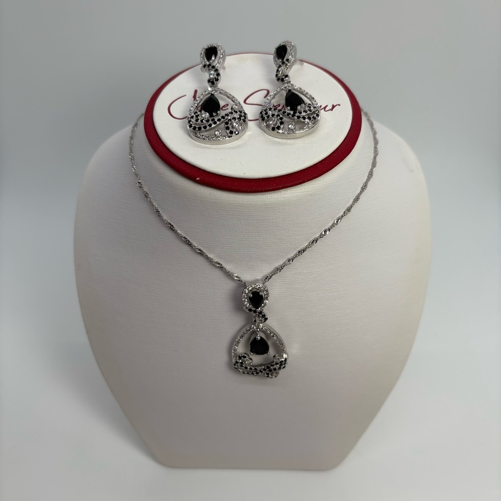 Black And Clear CZ Teardrop In A Teardrop Necklace And Earrings Set, Brand New